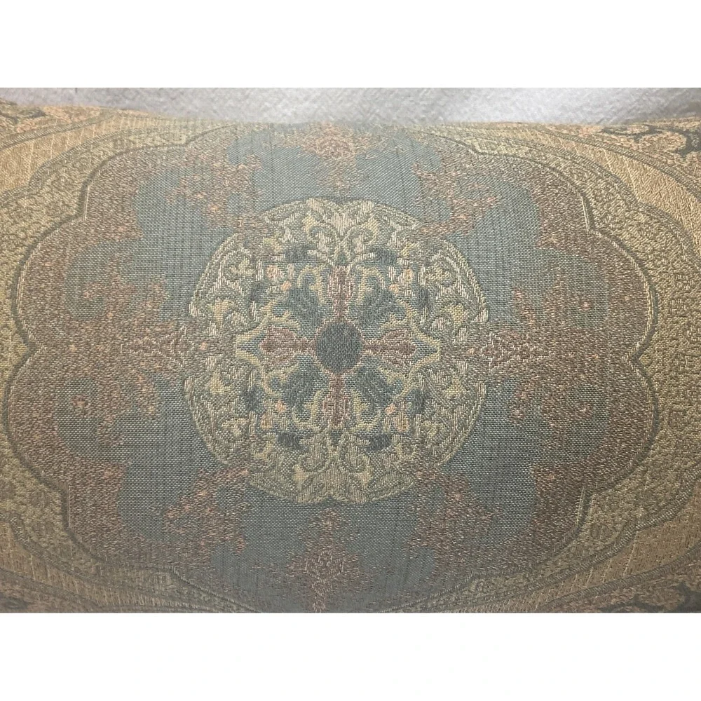 Newport Lumbar Pillow Damask Medallion Sage Gold Tan Rope Fringe Made in USA